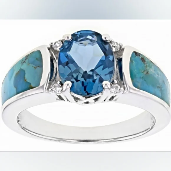 Genuine London Blue Topaz & Turquoise Ring Sterling Silver Size 7 NEW - Picture 2 of 7